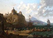 Adriaen Coorte A  mediterranean harbour scene with numerous figures on a que beneath a fort oil painting reproduction